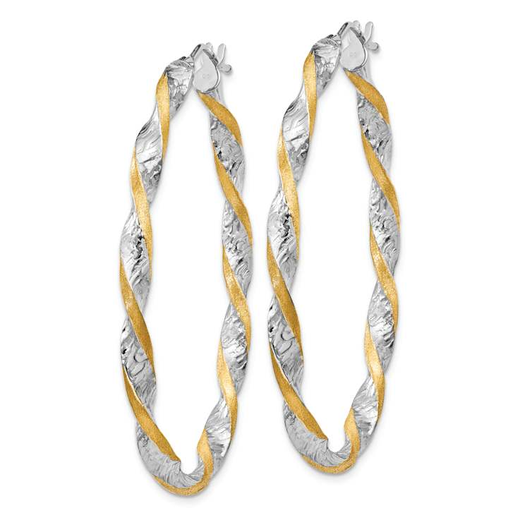 14k Two-tone 1 9/16" Twisted Diamond-Cut Oval Hoop Earrings