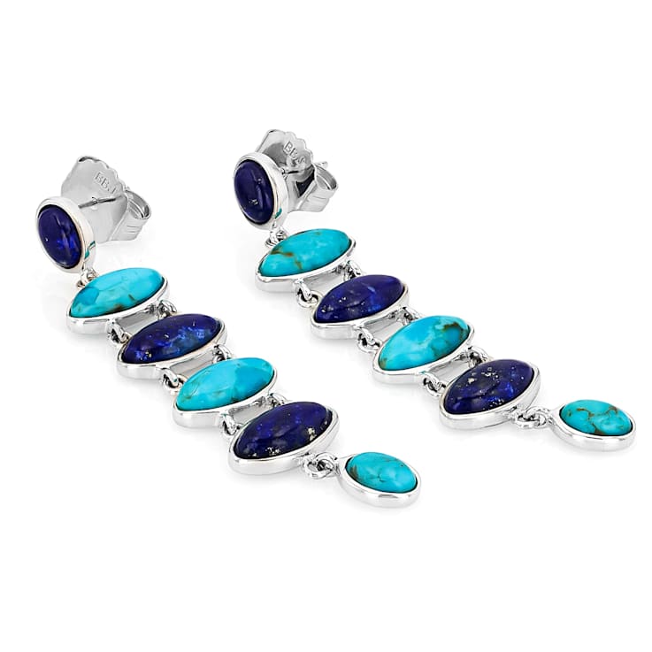 Lapis Lazuli With Turquoise Sterling Silver Dangle Earrings 10x5mm