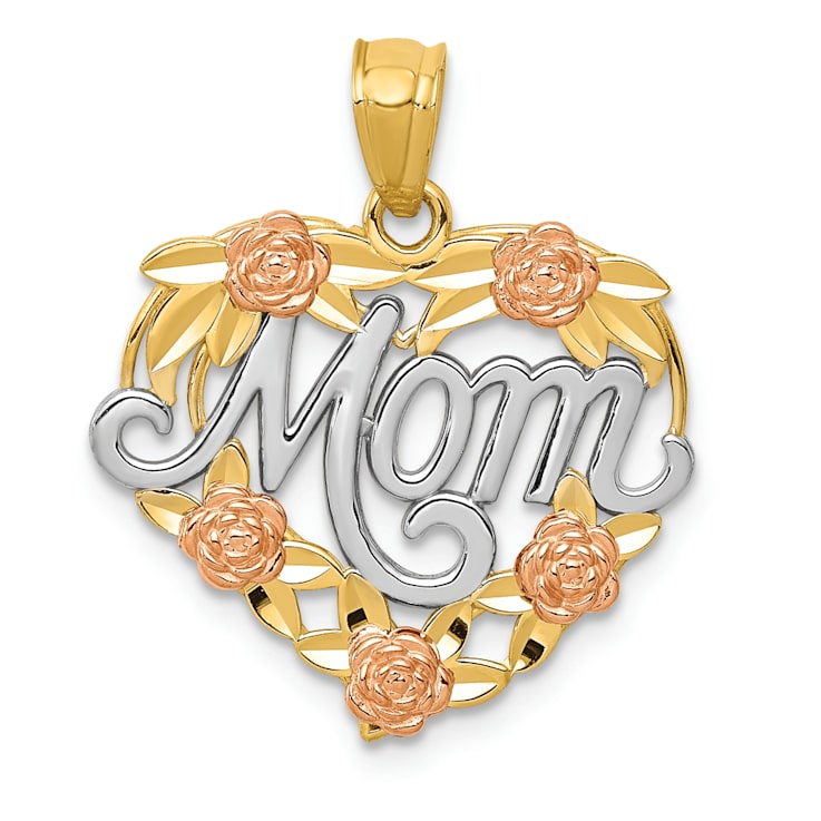 14k Tri-color Gold Textured Mom in Heart Pendant