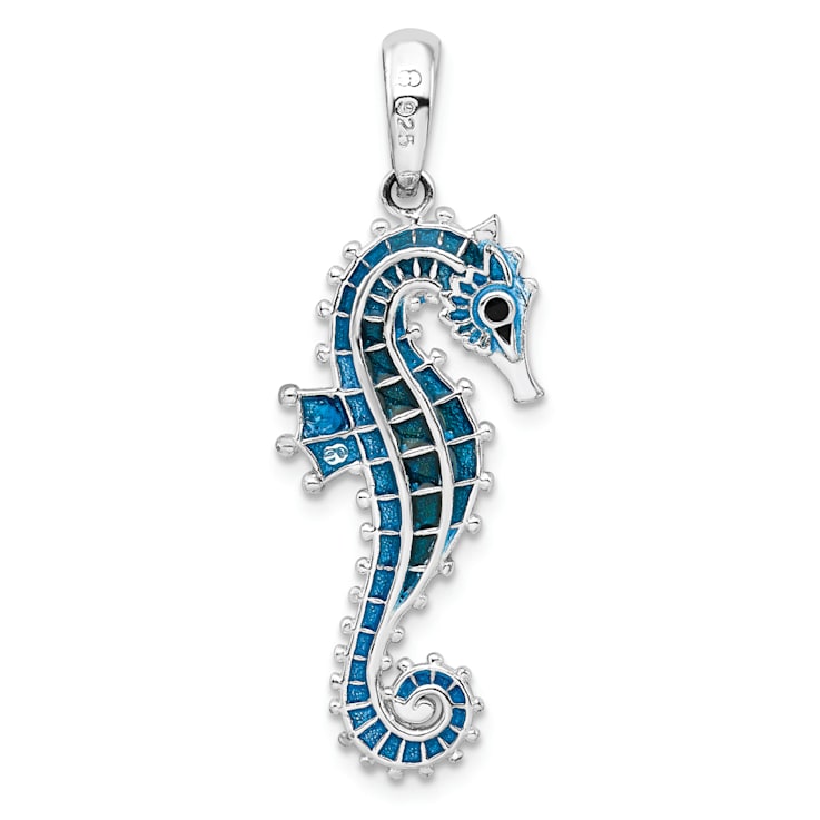 Rhodium Over Sterling Silver Polished 3D Enameled Blue Seahorse Pendant