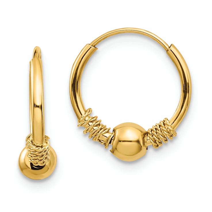 14K Yellow Gold Endless Hoop with Bead Earrings