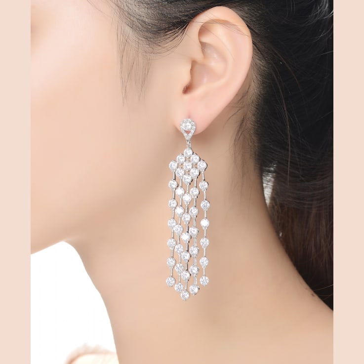 Clear Cubic Zirconia, Rhodium Plated over Sterling Silver Long
Chandelier Earrings