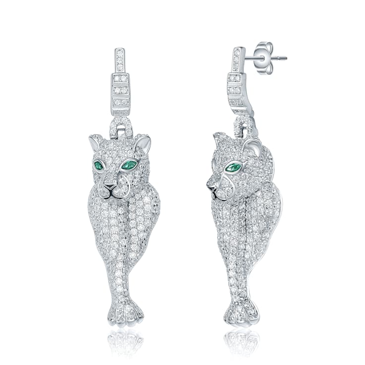 Emerald Color CZ Panther Drop Earrings In Sterling Silver
