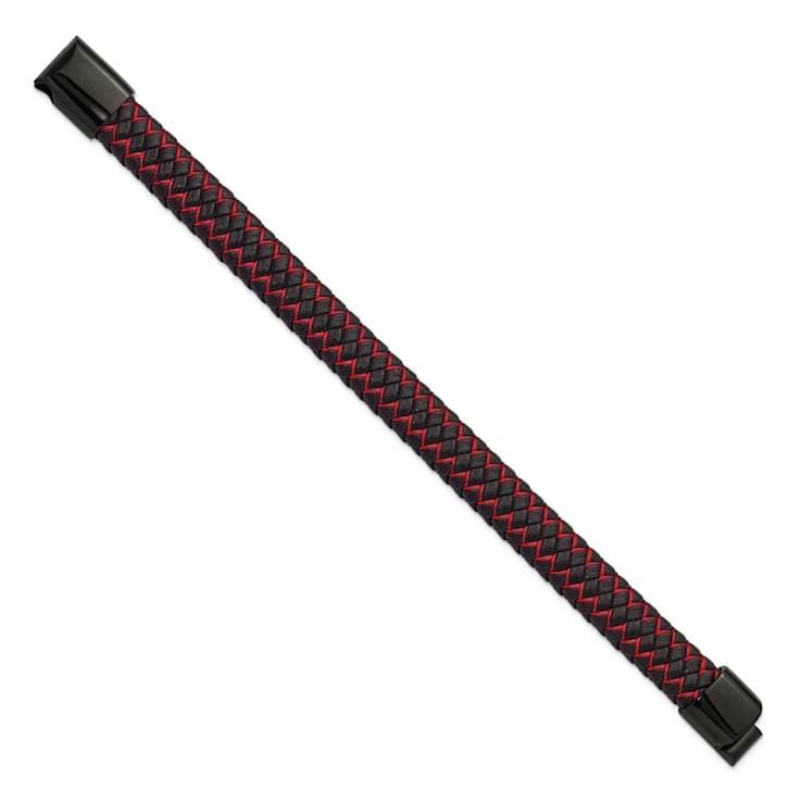 Stainless Steel Polished Black Ion Plated Black Leather and Red Fabric
8.25-inch Bracelet