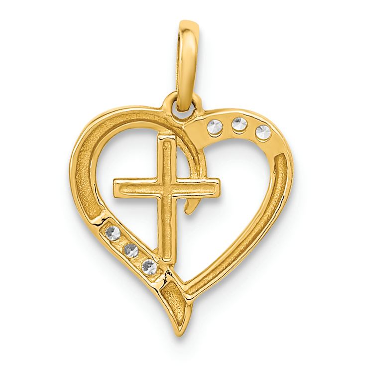 14k Yellow Gold Polished Cubic Zirconia Open Heart with Cross Pendant