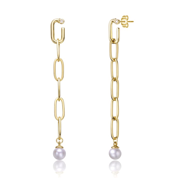 Pear Shape Pearl And CZ Drop Earrings In 14K Gold Over Sterling Silver