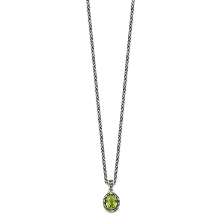 Sterling Silver Antiqued with 14K Accenty Peridot Oval Necklace