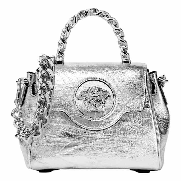 Versace La Medusa Silver Tone Metallic Top Handle Handbag