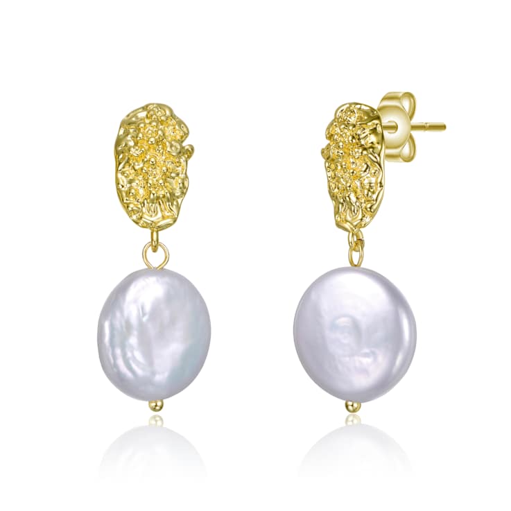 Coin-Shaped Freshwater Pearl Drop Earrings In 14K Gold Over Sterling Silver
