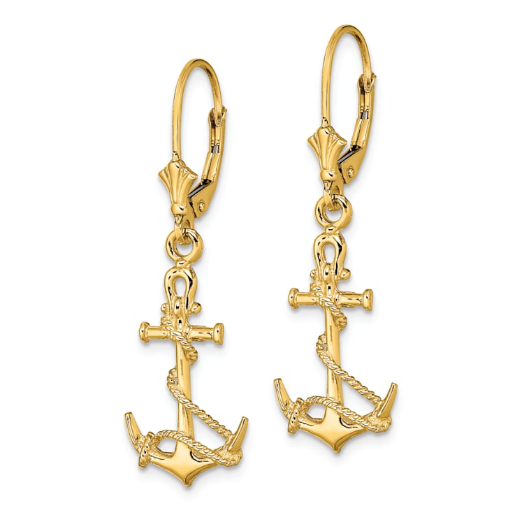 14k Yellow Gold 3D Textured Anchor with Shackle and Entwined Rope Dangle Earrings