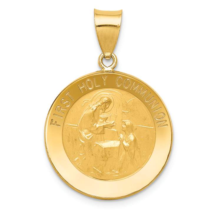 14k Yellow Gold Polished and Satin First Holy Communion Medal Pendant