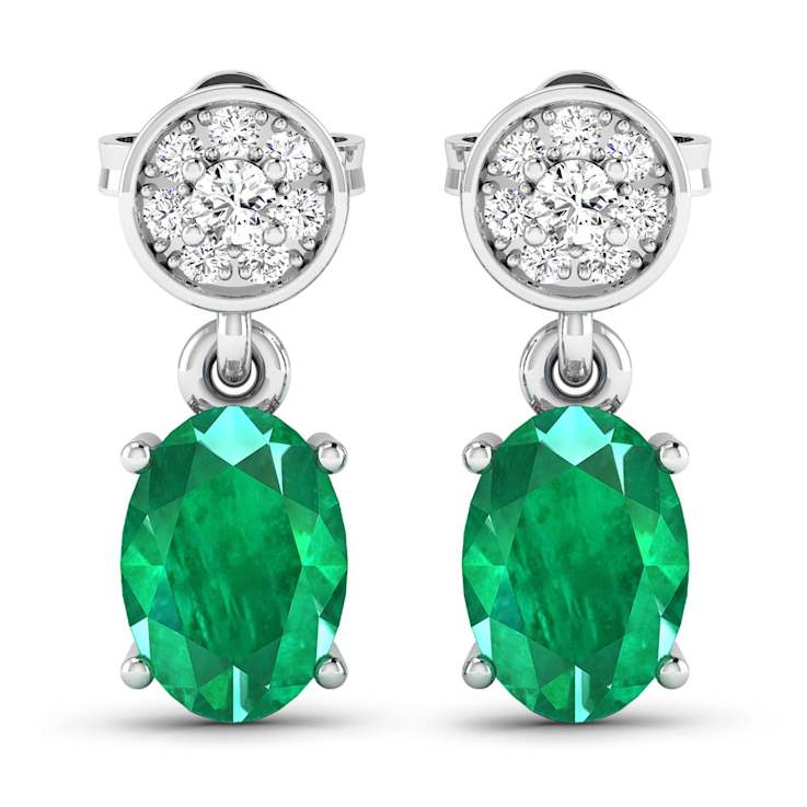 1.12ctw 14K White Gold  Zambian Green Emerald and White Diamond Halo Earrings