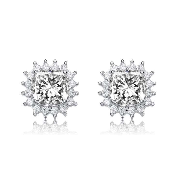 Square CZ Halo Stud Earrings In White Rhodium Over Brass
