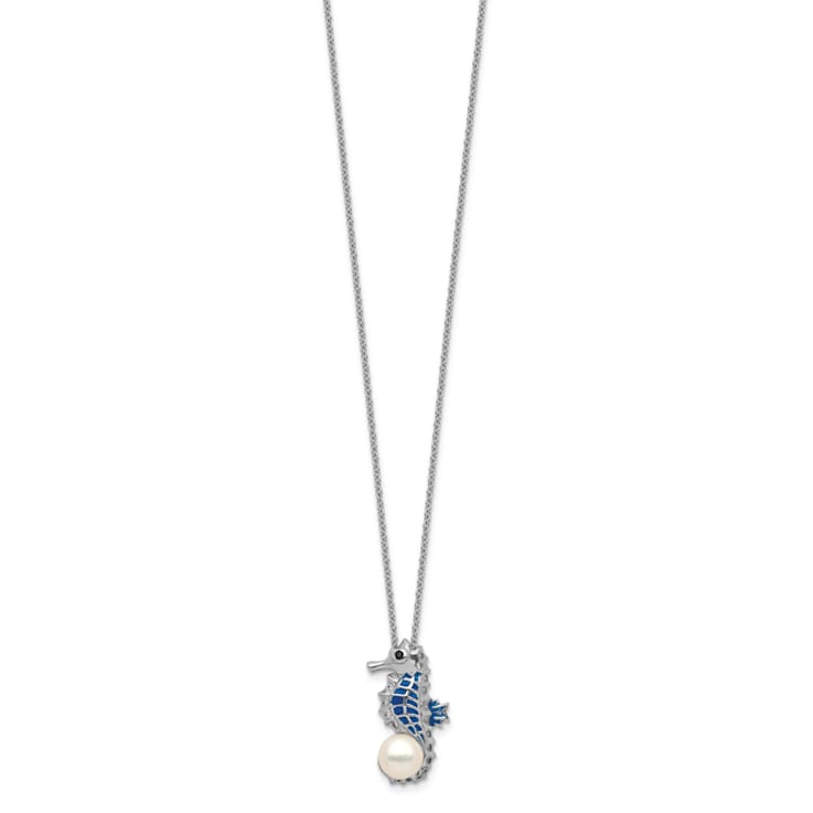 Rhodium Over Sterling Silver Cubic Zirconia Freshwater Pearl Enamel
Seahorse Necklace