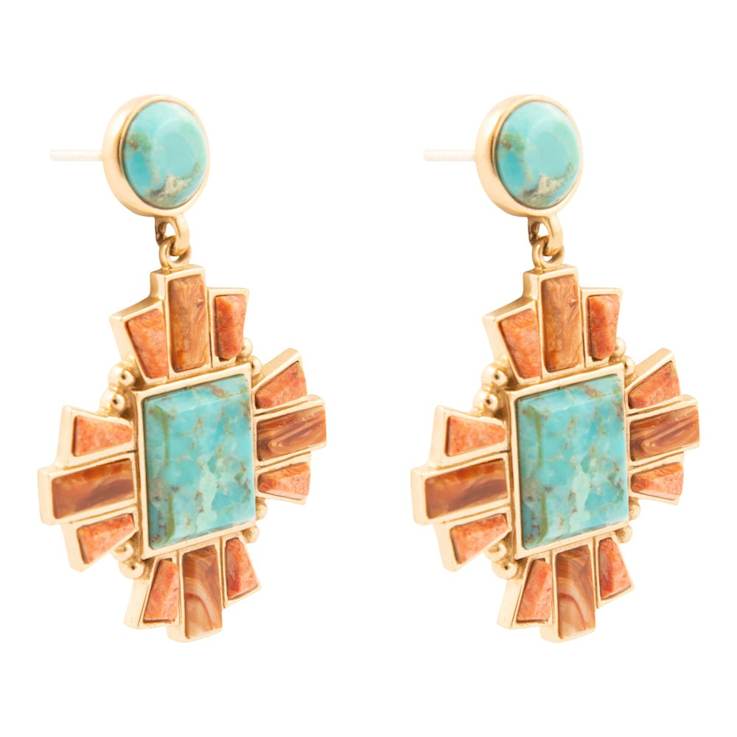 Barse Jewelry Composite Turquoise With Opal & Coral Gold Tone Santa
Fe Cross Dangle Earrings