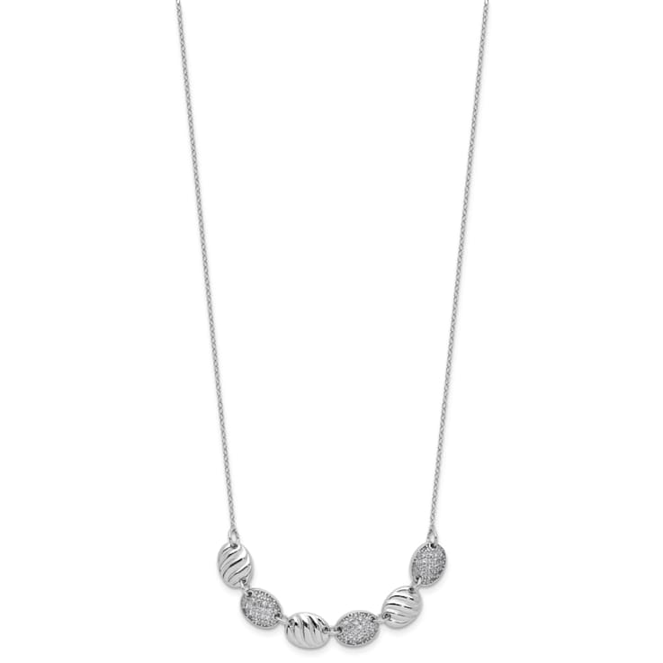 Rhodium Over Sterling Silver Polished and Grooved Cubic Zirconia Ovals Necklace