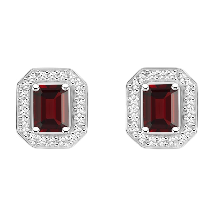 6x4mm Emerald Cut Garnet 1/5 ctw Diamond Rhodium Over Sterling Silver
Halo Stud Earrings