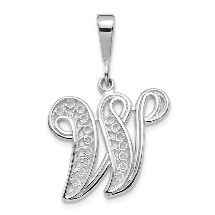 Rhodium Over 14k White Gold Solid Polished Script Filigree Textured
Letter W Initial Pendant