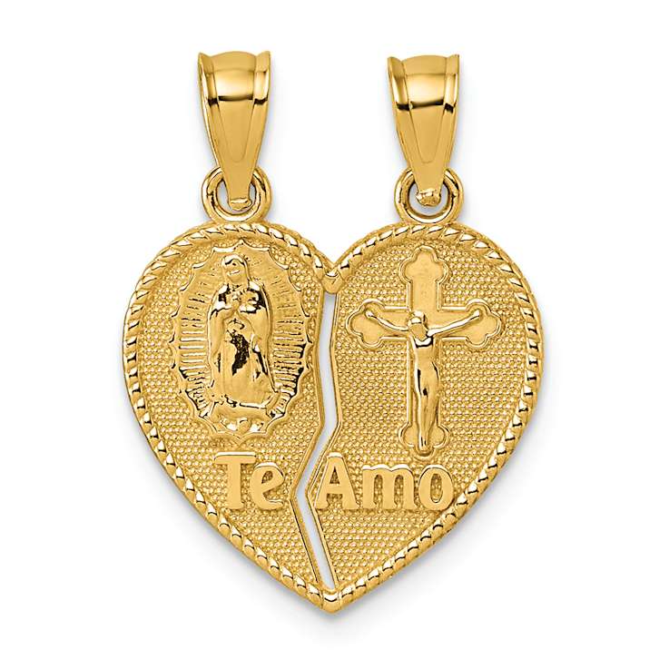 14K Yellow Gold Polished Te Amo Spanish Religious Break-apart Heart Pendant