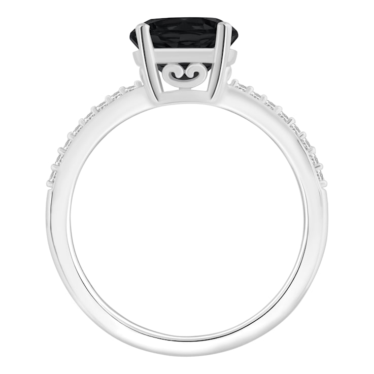 8mm Round Black Onyx and 1/10 ctw Diamond Rhodium Over Sterling Silver Ring