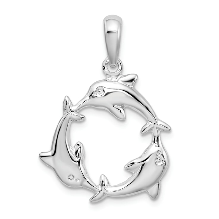 Rhodium Over Sterling Silver Polished 3 Dolphin Circle Pendant