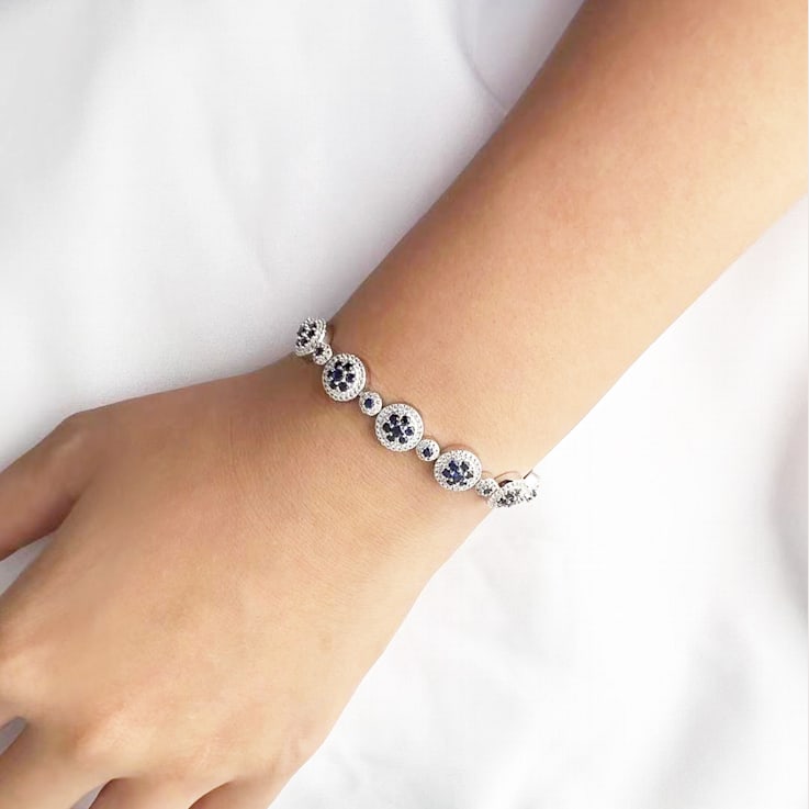 Lab Created Blue Sapphire and White Sapphire Halo Rhodium Over Sterling
Silver Sapphire Bracelet