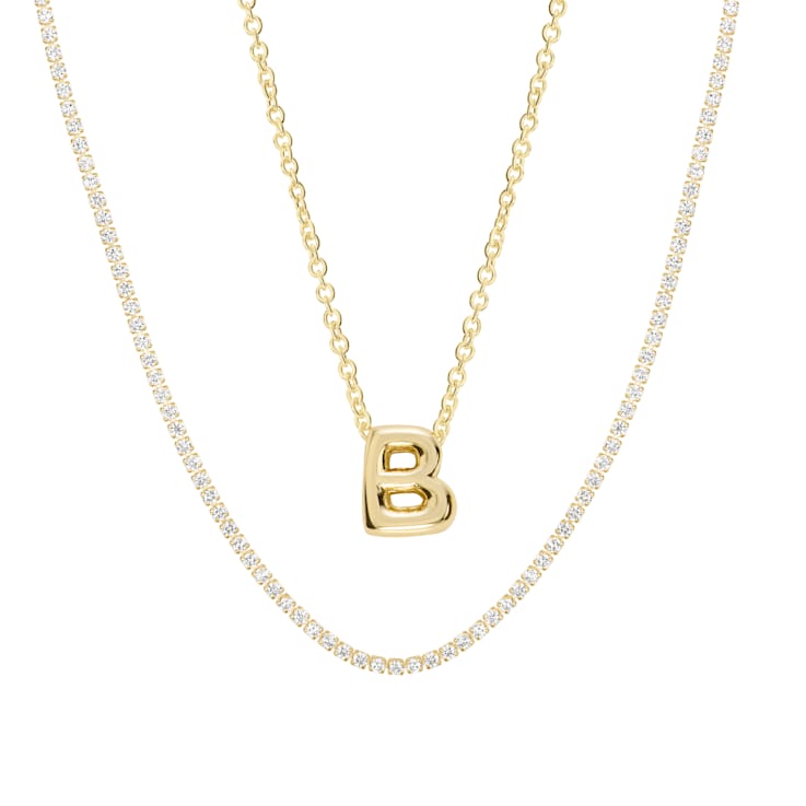 CZ Initial B Tennis Necklace And Pendant Set In 14K Gold Over Brass 4.05ctw