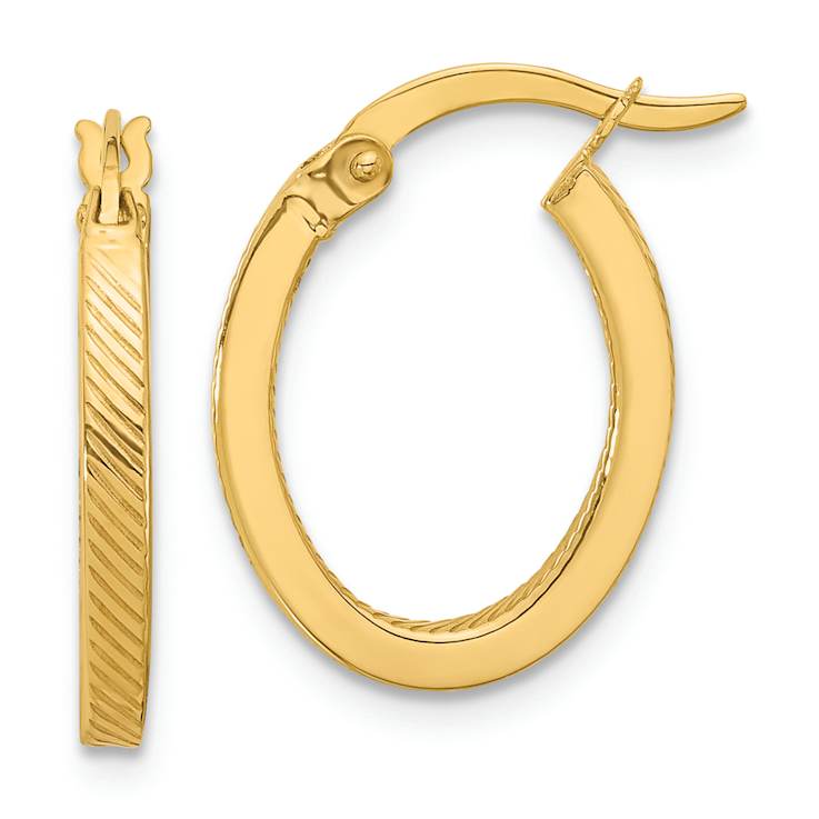 10k Yellow Gold 3/4 inch Polished and Textured Oval Hoop Earrings