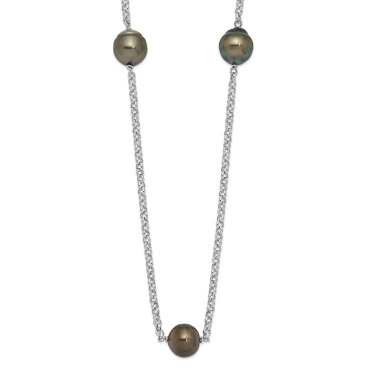 Rhodium Over Sterling Silver 8-9mm Baroque 5 Station Tahitian Saltwater
Cultured Pearl Necklace