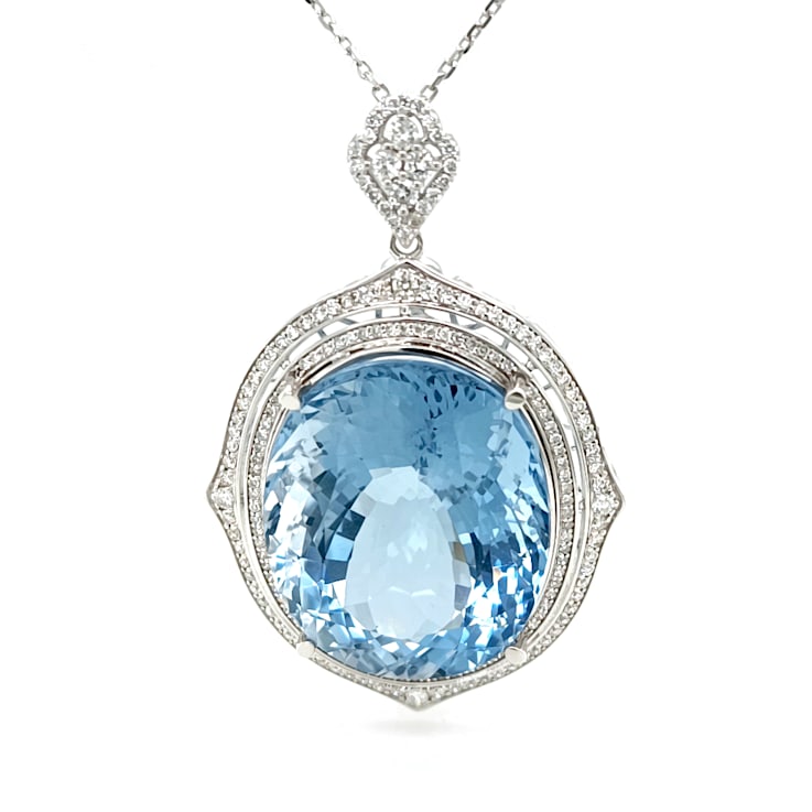 75.20 Ctw Aquamarine and 1.66 Ctw Diamond Pendant in 14K WG