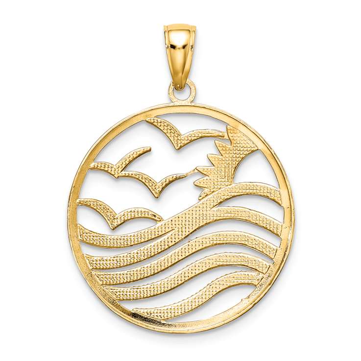 14K Two-tone Gold  Textured Sunset and Seagulls In Circle Pendant