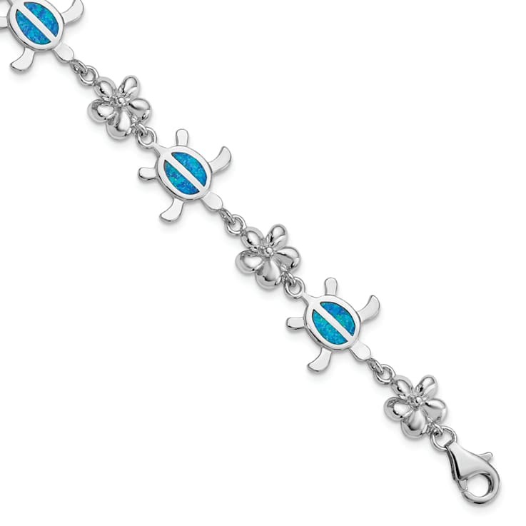 Rhodium Over Sterling Silver 7 Inch Lab Created Opal Tortoise with
Flower Bracelet