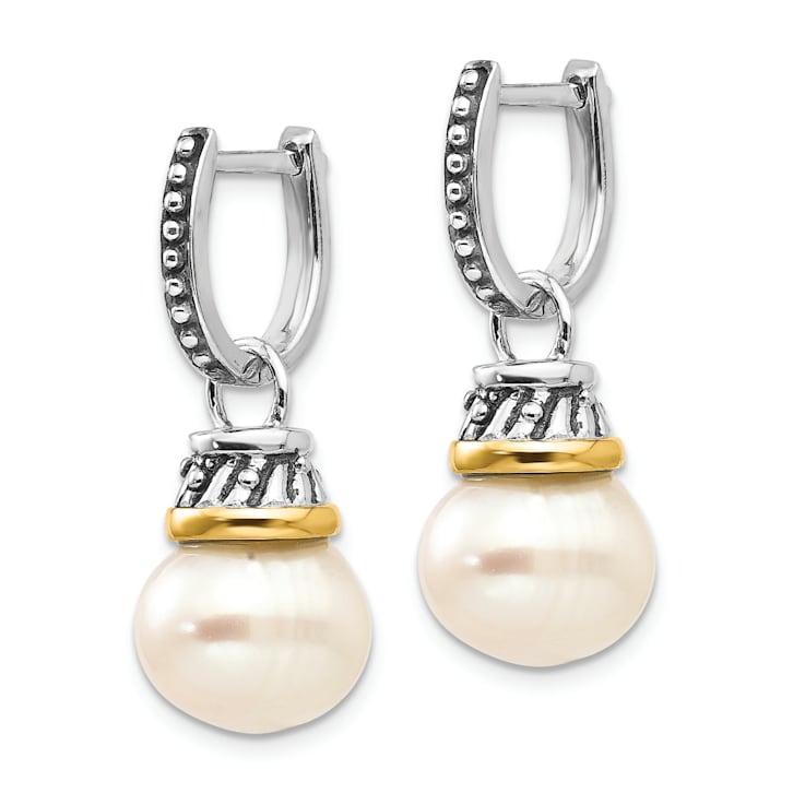 Sterling Silver Antiqued with 14K Accent 10mm Freshwater Cultured Pearl
Dangle Earrings