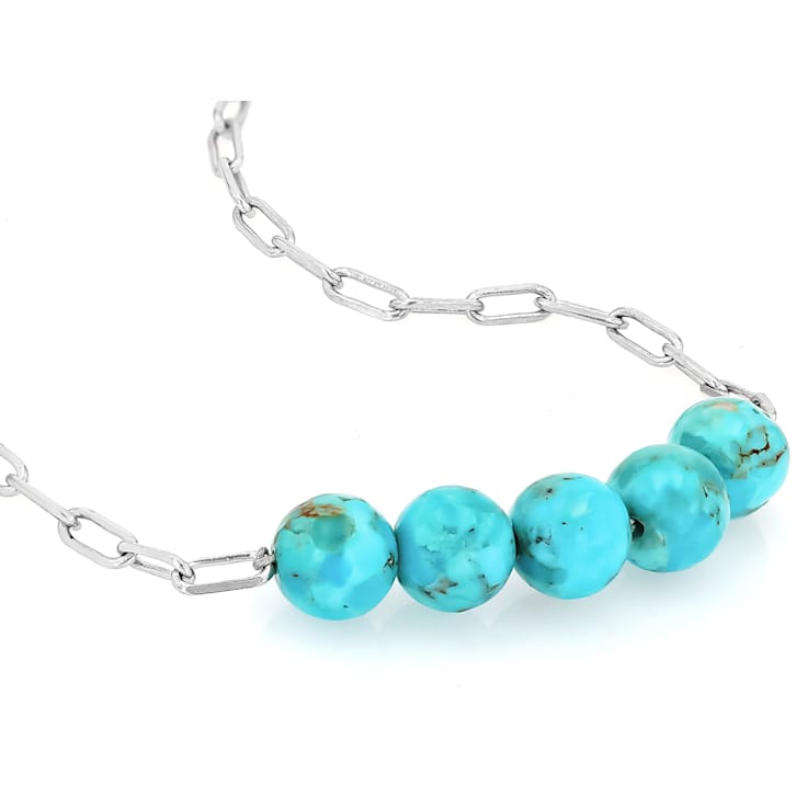 Turquoise Bead And Paperclip Bracelet In Rhodium Over Brass