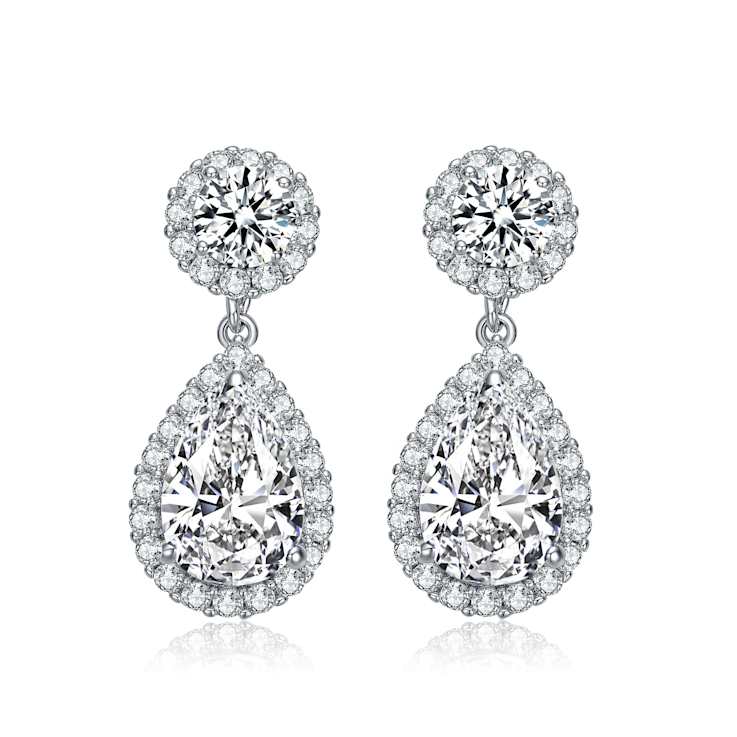 Pear Shape CZ Halo Drop Earrings In Sterling Silver