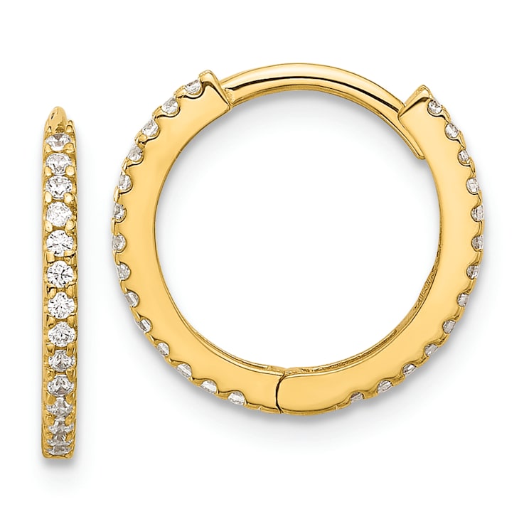 14K Yellow Gold Polished Cubic Zirconia 1.25mm Hinged Huggie Hoop Earrings