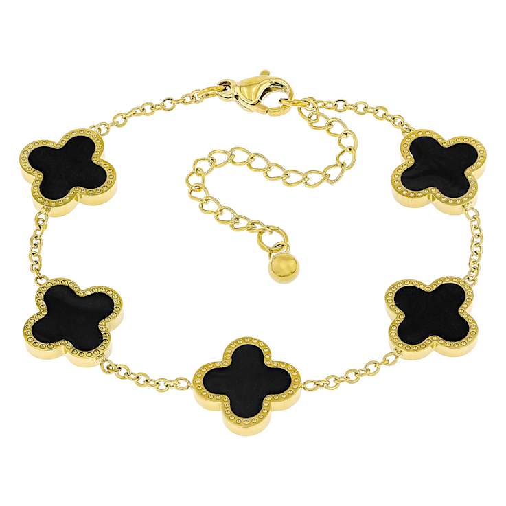 Black Enamel Clover Station Bracelet In Gold Tone StaInless Steel