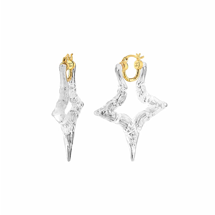 14K Yellow Gold Over Sterling Silver Star Bamboo Acrylic Hoop Earrings