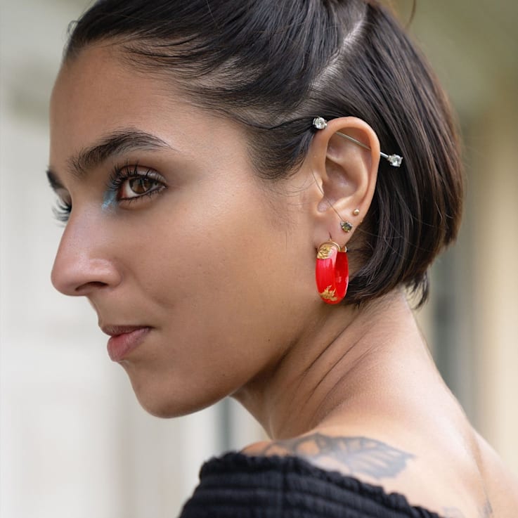 14K Yellow Gold Over Sterling Silver Mini Gold Leaf Acrylic Hoops in
Carnelian Red