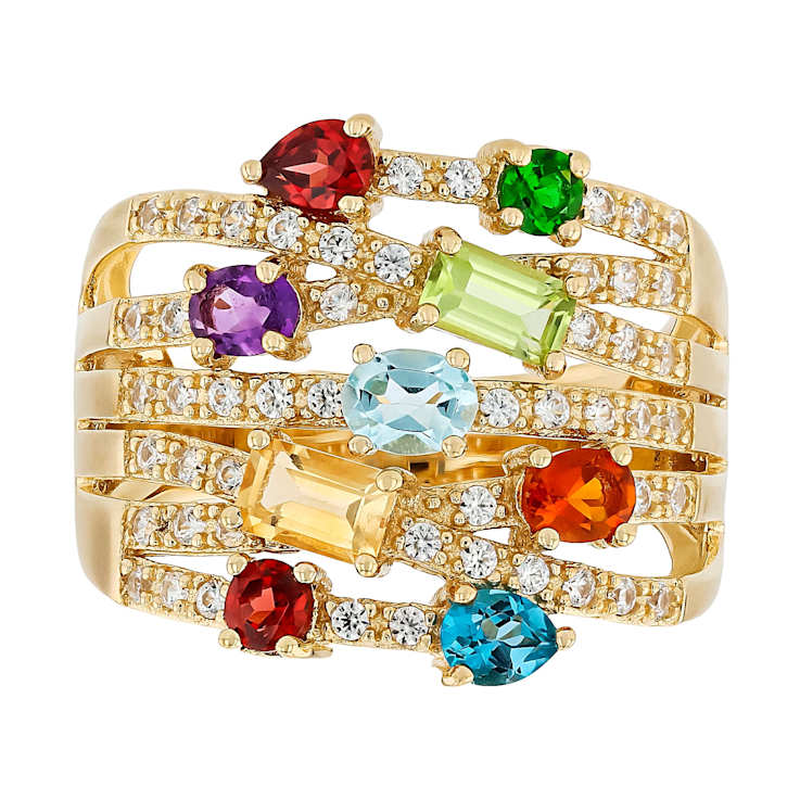 Multi-Gemstone Multi-Row Band Ring In 18K Gold Over Sterling Silver 1.93ctw