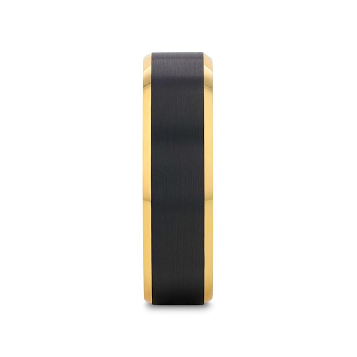 GASTON Gold Plated Tungsten Polished Beveled Ring with Brushed Black
Center 6mm
