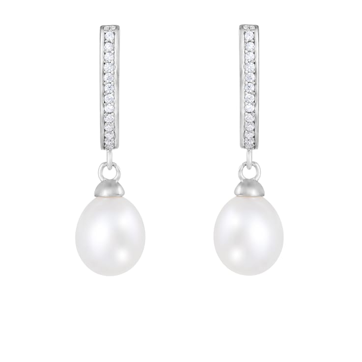 7-8mm White Cultured Freshwater Pearl and Cubic Zirconia Rhodium Over
Sterling Silver Earrings