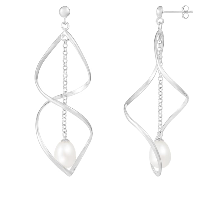 8-9mm White Cultured Freshwater Pearl Rhodium Over Sterling Silver Earrings