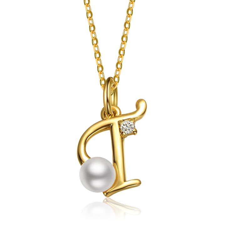 Initial T CZ And Pearl Simulant Pendant Necklace In 14K Gold Over Brass