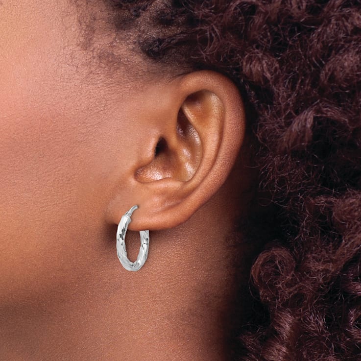 Rhodium Over Sterling Silver Polished and Textured Twisted Oval Hoop Earrings