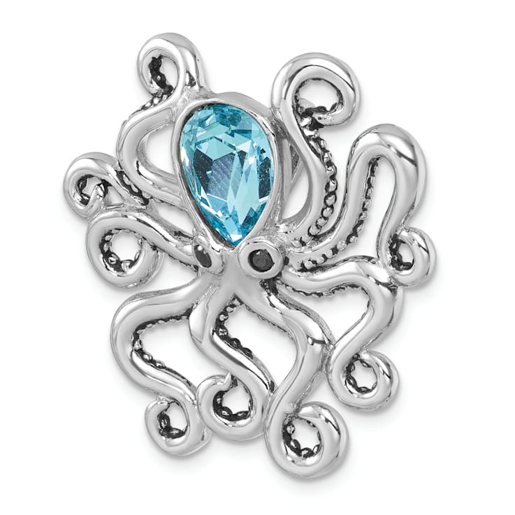 Rhodium Over Sterling Silver Polished Blue Crystal Octopus Chain Slide Pendant