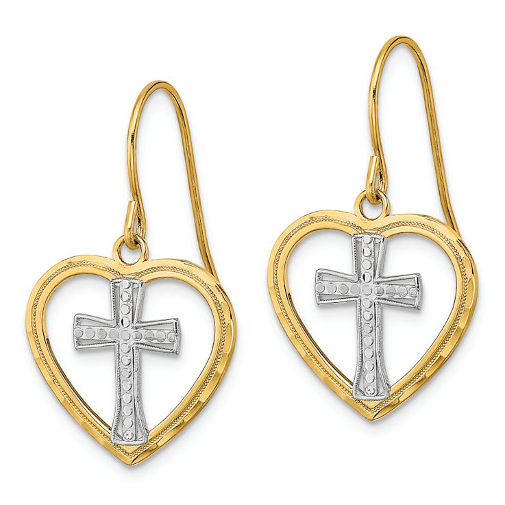 14k Two-tone Textured Cross in Heart Dangle Earrings
