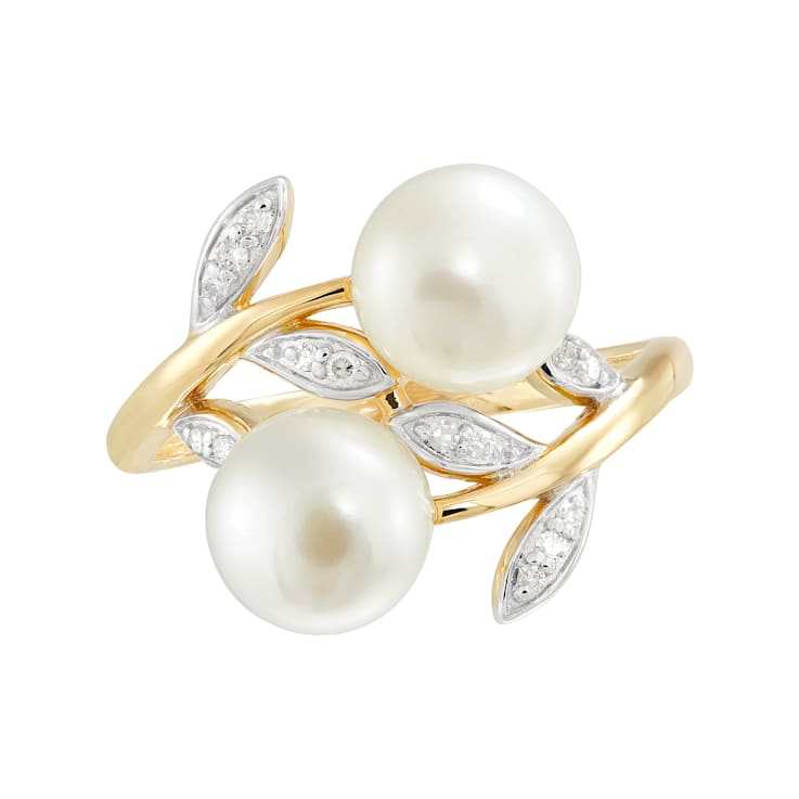7-7.5mm Round White Freshwater Pearl with White Topaz Accents 10K Rose
Gold Leaf Design Ring