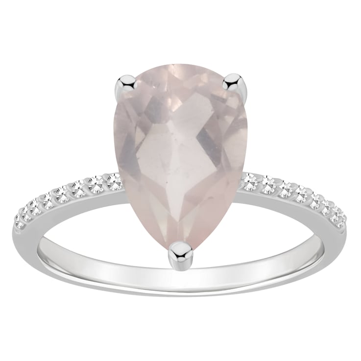 12x8mm Pear Shape Rose Quartz and 1/10 ctw Diamond Rhodium Over Sterling
Silver Ring