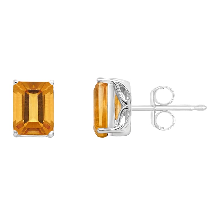 8x6mm Rectangular Octagonal Citrine Rhodium Over Sterling Silver Stud Earrings